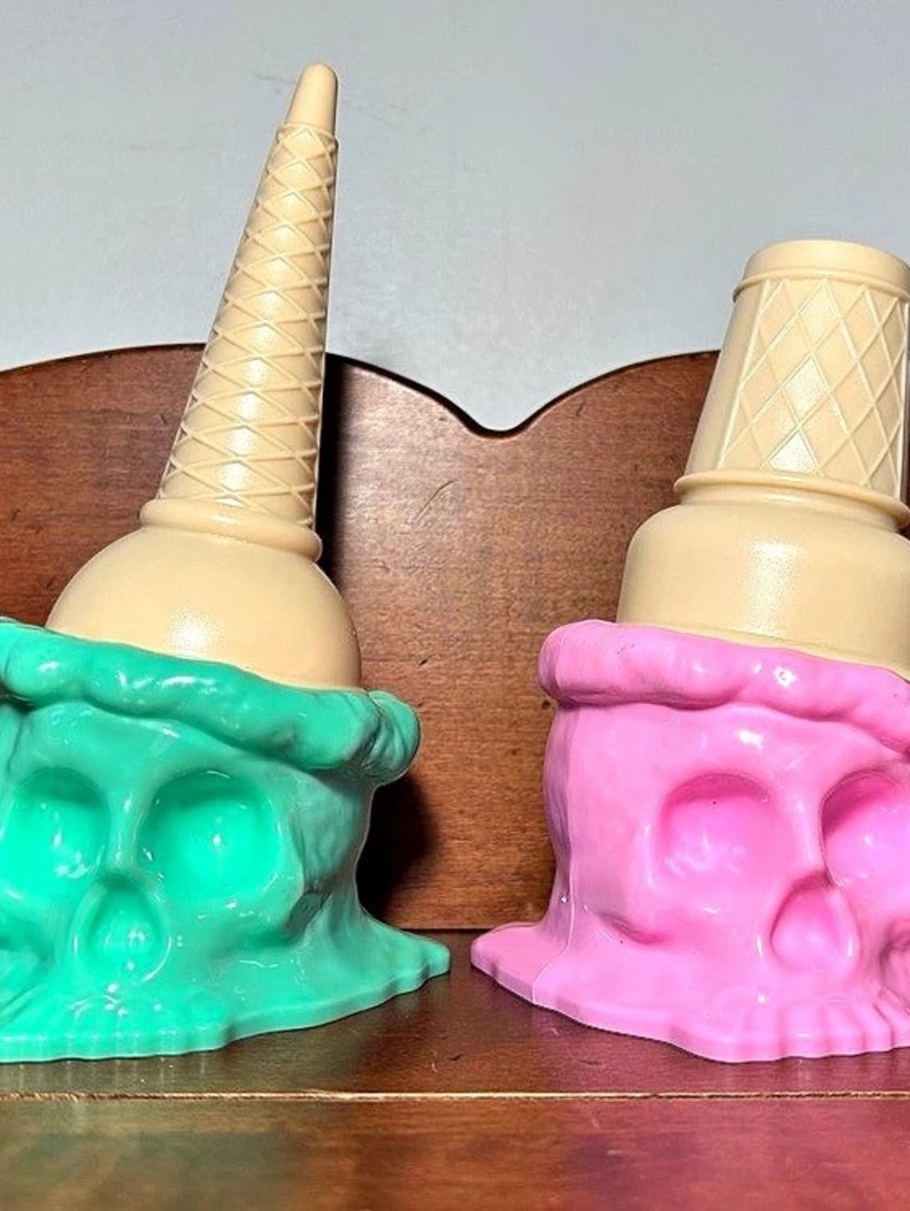 Pair of Halloween Melted Ice Cream Cones Pastel Plastic Decorations 5.5” & 7” ta